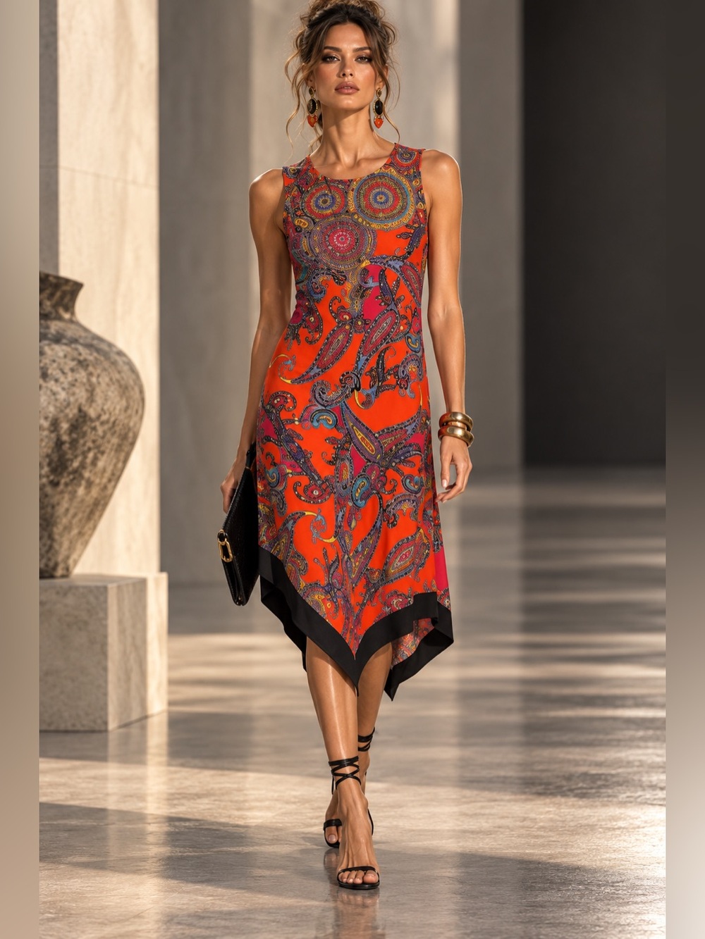 MSK XL Orange Paisley Midi Shift Dress Sleeveless Stretch Knit Keyhole Back